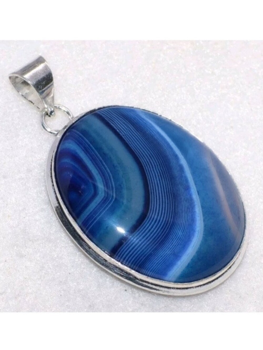 Blue Botswana Agate Gemstone 925 Sterling Silver Handmade Pendant Necklace